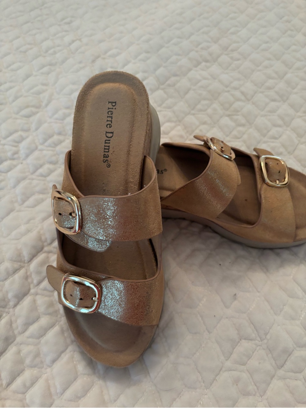 Pierre Dumas Metallic Bronze Double Buckle Slide Mules